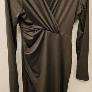 Fashion Nova Black Long-Sleeve Faux Wrap Dress